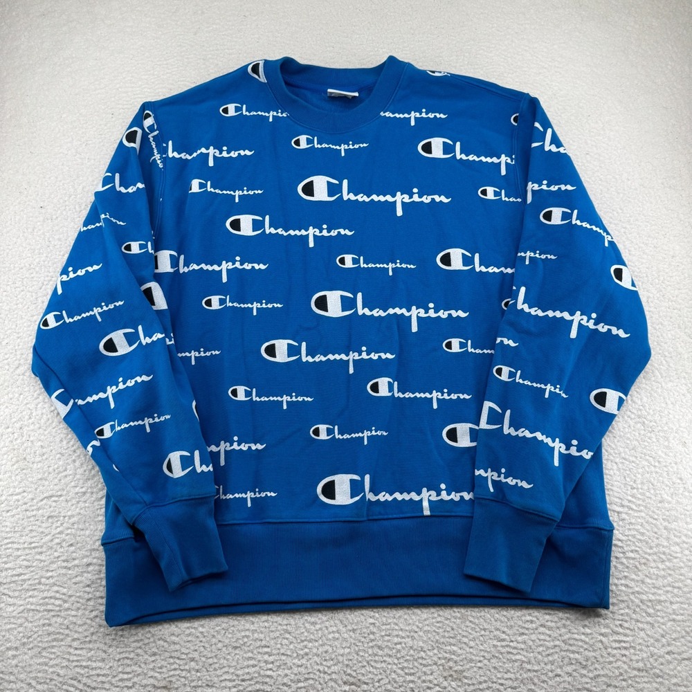 Champion Reverse Weave AOP Sweatshirt Men 2XL Blue Crewneck Heavyweight Pullover